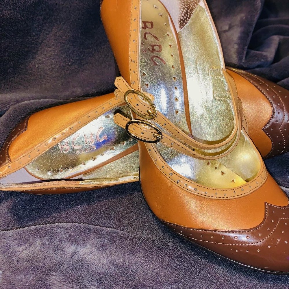 BCBG Paris Brown and Tan Wingtip High Heels, Size 8